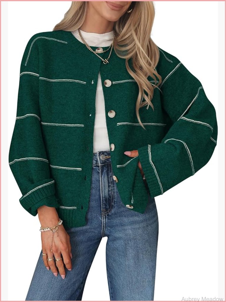 Striped Cardigan Sweater For Women Trendy Long Sleeve Crewneck Button Up Knit